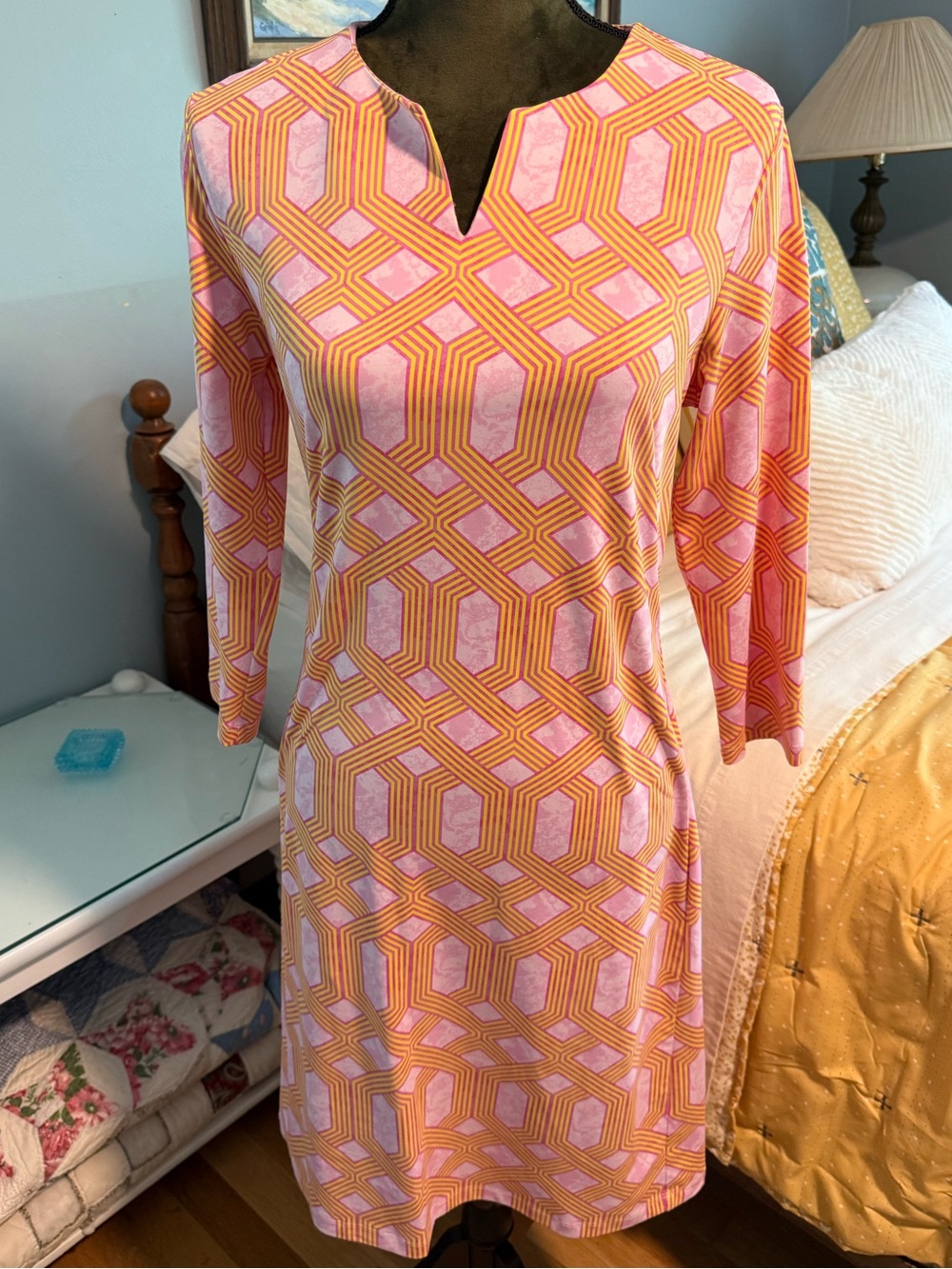 J. McLaughlin Pink and Orange Geometric Notch-Neck Shift Dress